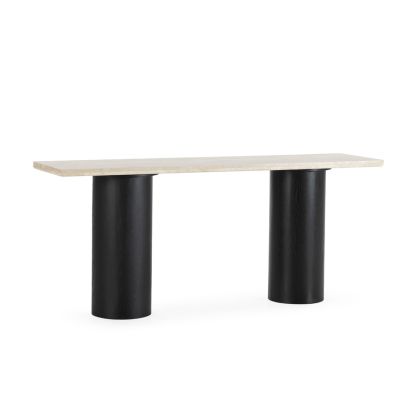 Consola de diseño moderno con sobre de mármol travertino crema y base de roble negra.