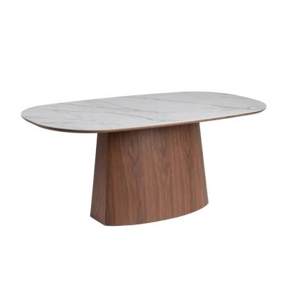 Mesa de comedor ovalada diseño moderno en dm nogal y sobre de cerámica blanco.