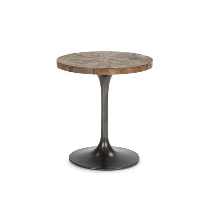 Mesa auxiliar industrial con sobre de madera texturizada y base cónica de metal negro.