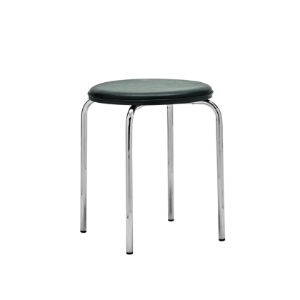 Taburete moderno en metal cromado y asiento de tela ribete verde oscuro.