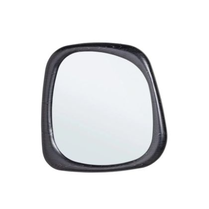 Espejo de diseño moderno en vidrio con marco irregular chapado de madera de roble negro.