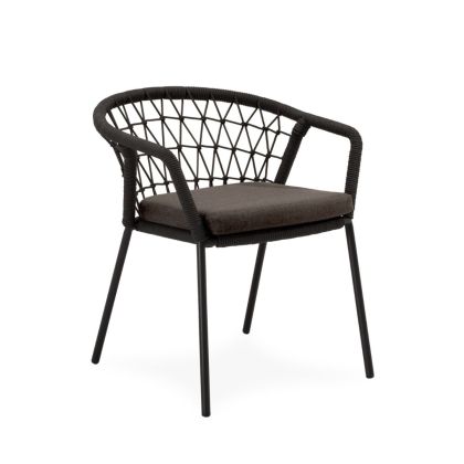 Silla de exterior étnica en acero galvanizado antracita, cuerda y cojín en tejido gris oscuro.