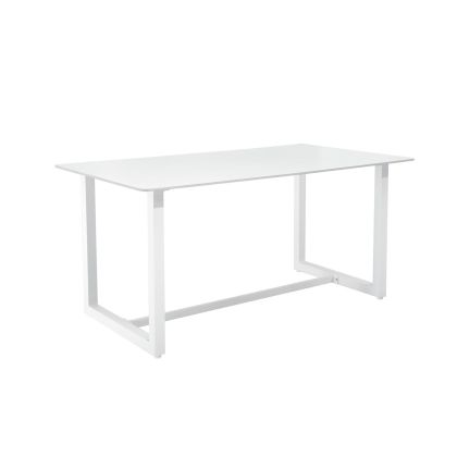 Mesa de comedor exterior moderna en porcelánico y acero galvanizado blanco.