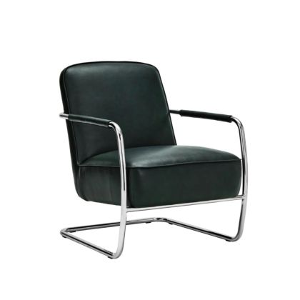 Sillón moderno en metal cromado tapizado en tela verde oscuro efecto piel.