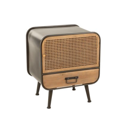 Mesa auxiliar industrial en madera natural y metal negro con 1 cajón. Mesa auxiliar industrial en madera natural y metal negro con 1 cajón.