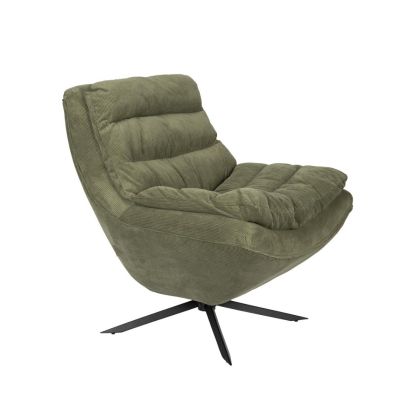 Sillón moderno en madera y hierro negro tapizado en tono verde.