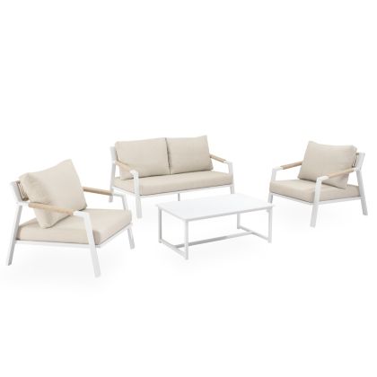 Conjunto de jardín étnico un sofá, sillones y una mesa de centro en mimbre, aluminio y porcelana en tono blanco y gris claro.