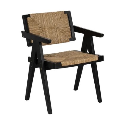 Silla étnica en madera negra y pandano trenzado natural.