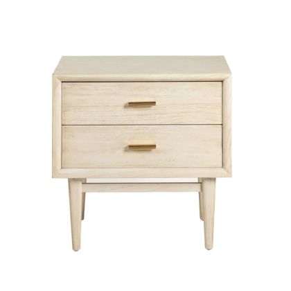 Mesita de noche nórdica moderna en madera de cedro blanco velado y tiradores de metal dorado.