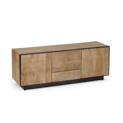 Mueble de TV 2 puertas en madera de mango natural y detalles en acero negro.