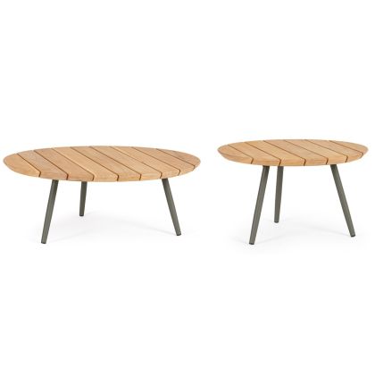 Set 2 mesa centro jardín nórdica con sobre de madera de teca natural y patas de acero verde.