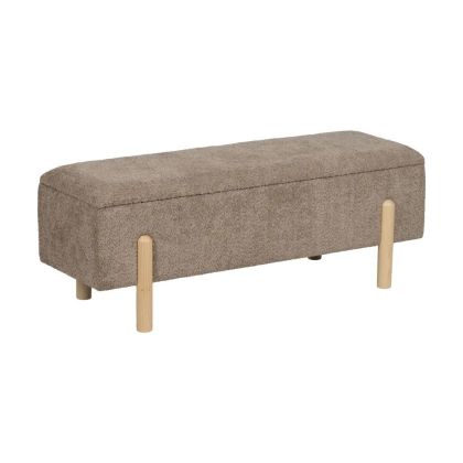 Banco baúl nórdico moderno en DM tapizado en tejido taupe marrón y patas de madera clara.