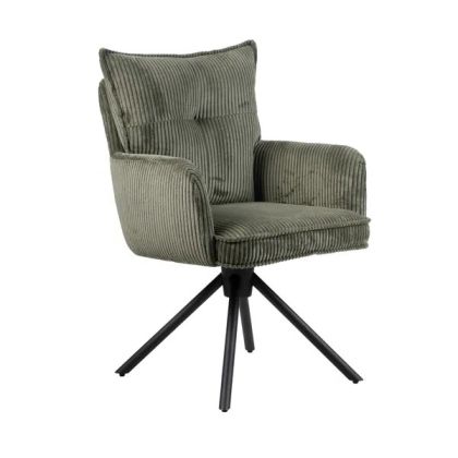 Silla de comedor con giro de 360 grados moderna en tela pana verde claro y patas de metal negro.