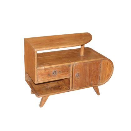Banco para teléfono vintage en madera marrón con 1 cajón y 1 puerta.