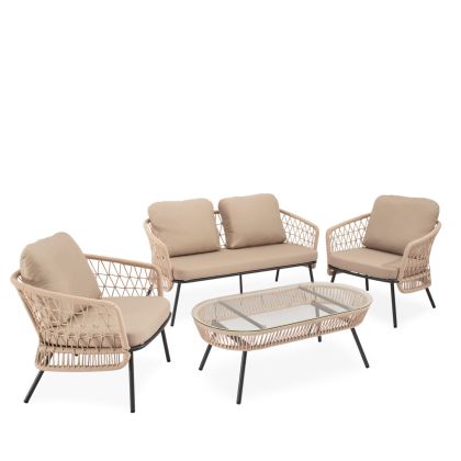 Conjunto de jardín tropical un sofá, sillones y una mesa de centro en cuerda, acero negro y cristal templado.