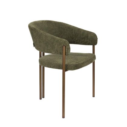 Silla mid-century en madera contrachapada tapizada en tela bouclé verde y estructura de acero bronce.