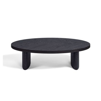 Mesa de centro ovalada de diseño moderno en madera de roble negro y marrón.