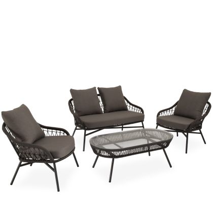 Conjunto de jardín tropical un sofá, sillones y una mesa de centro en cuerda, acero gris y cristal templado.