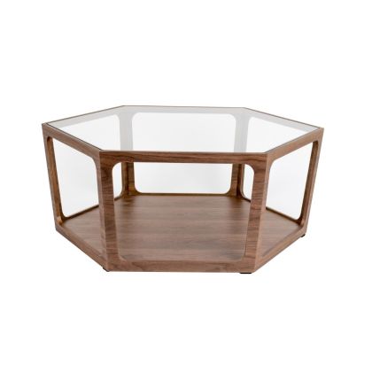 Mesa de centro nórdica en madera, chapa nogal marrón y sobre de cristal templado.