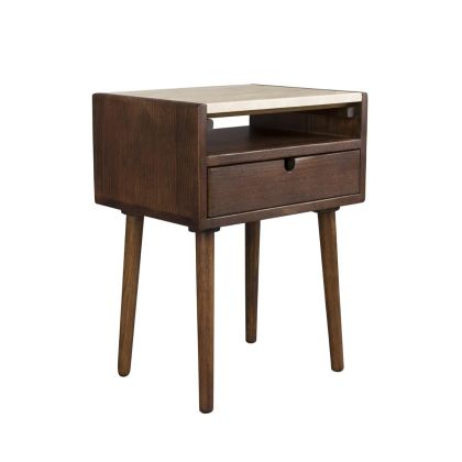 Mesita de noche mid-century madera de roble acabado nogal y sobre de piedra travertino beige.