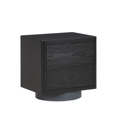 Mesita de noche 2 cajones de diseño moderno en madera de cedro negro y base de metal gris.