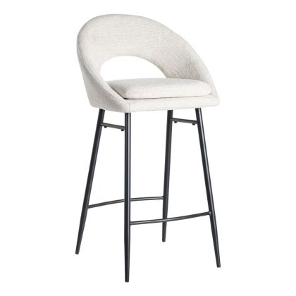 Taburete alto moderno en metal negro con asiento tapizado en crema.