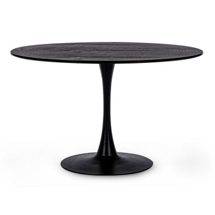 Mesa de comedor moderna con sobre de madera y base de acero negro.