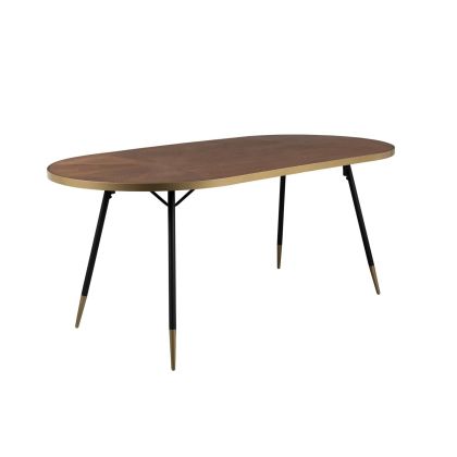 Mesa de comedor industrial moderno en chapa de fresno marrón con borde metálico dorado y patas en negro.