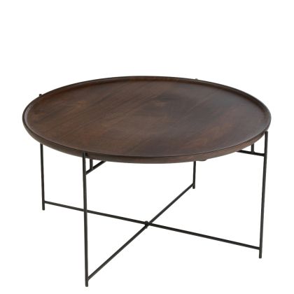 Mesa de centro mid-century en madera de mango marrón y patas de hierro negro.
