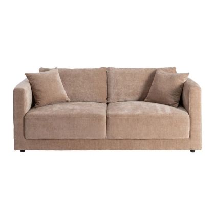 Sofá de 3 plazas moderno en madera y tejido taupe beige.