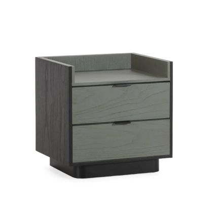 Mesita de noche moderna en madera gris-negro y metal negro.