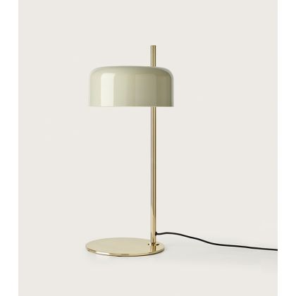 Lámpara de sobremesa mid-century en metal oro brillo y pantalla blanco brillante.