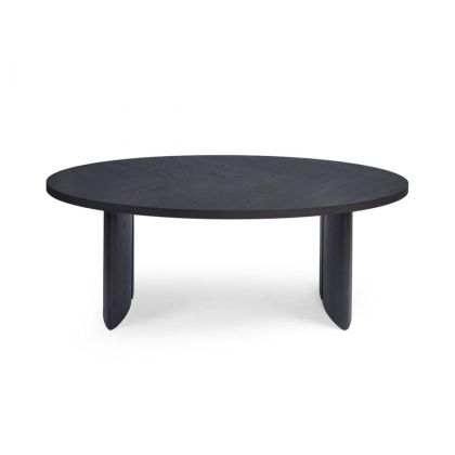 Mesa de comedor ovalada de diseño moderno en madera de roble negro y marrón.