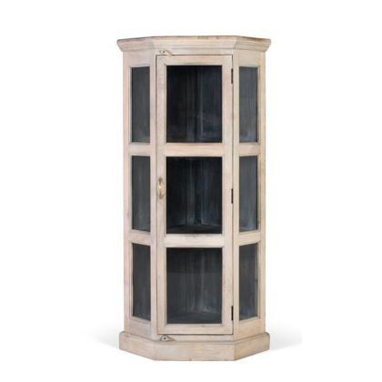 Vitrina rinconera vintage en madera de mango blanca y cristal.
