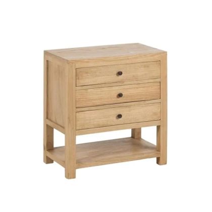Mesita de noche 3 cajones y una balda inferior en madera mindi natural con tiradores metálicos en negro.