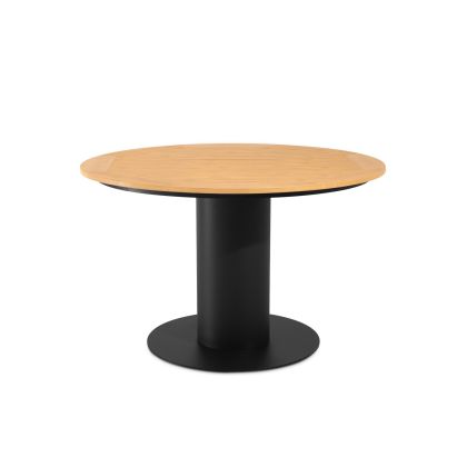 Mesa de comedor exterior nórdica en polimadera natural y acero galvanizado negro.