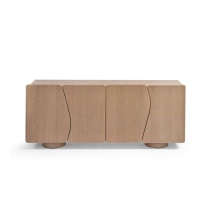 Aparador nórdico en madera de roble y sobre de piedra natural con 4 puertas irregulares.