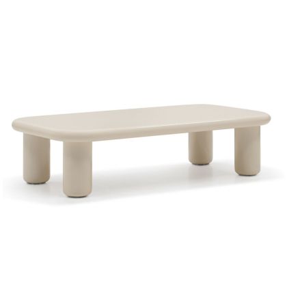 Mesa de centro contemporánea en fibra de vidrio alto brillo blanco.