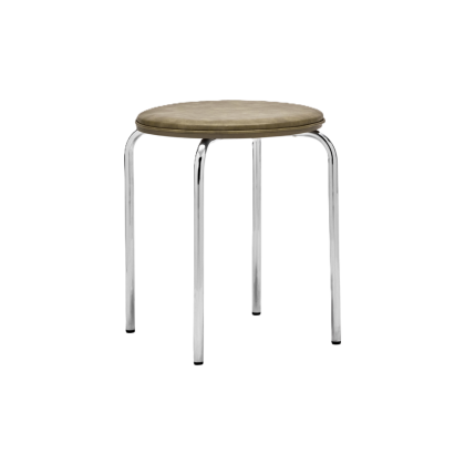 Taburete moderno tapizado en cuero sintético y estructura de acero brillante.