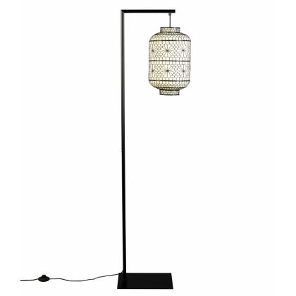 Lámpara de Pie Ming Farol Lino Blanco Hierro Negro, 32 Cm