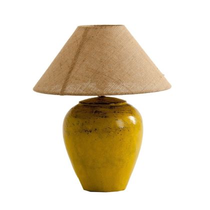 Lámpara Sobremesa, Vintage Amarrilla Envejecido y Pantalla Color Crudo