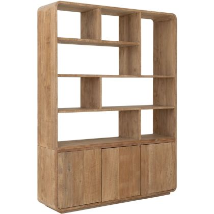 Librería en madera de teca reciclada natural con 3 puertas y 8 compartimentos.