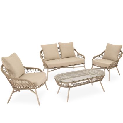 Conjunto de jardín tropical un sofá, sillones y una mesa de centro en cuerda, acero beige y cristal templado.