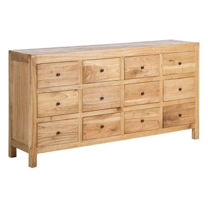 Aparador nórdico 15 cajones en madera mindi natural y tiradores metálicos oscuros.