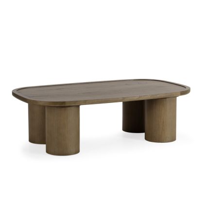 Mesa de centro nórdica moderna en madera de fresno nogal con patas cilíndricas.