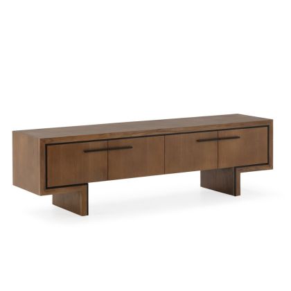 Mueble de TV nórdico moderno en madera de olmo nogal y detalles metálicos en negro mate.