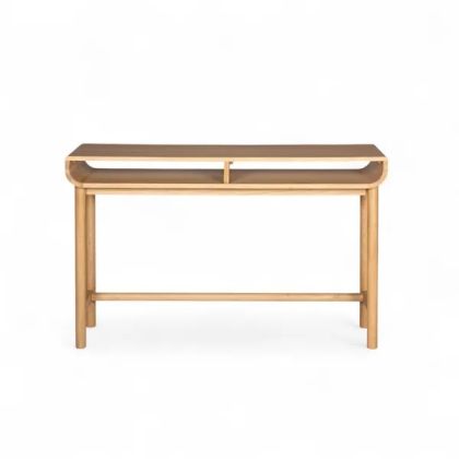 Consola nórdica en madera de roble natural claro con 2 estantes abiertos.