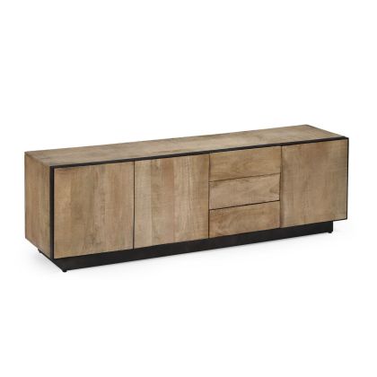 Mueble de TV 3 puertas en madera de mango natural y detalles en acero negro.