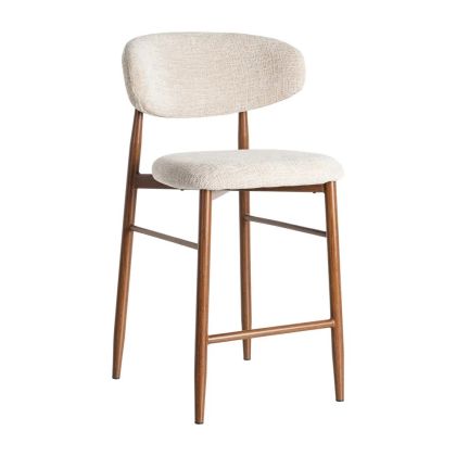 Taburete alto nórdico moderno en metal nogal tapizado en tejido beige.