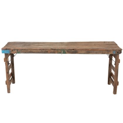 Consola antigua vintage en madera reciclada marrón con detalles en azul y verde.